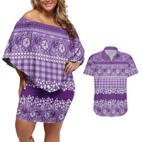 Hawaiian Hibiscus Honu Couples Matching Off Shoulder Short Dress and Hawaiian Shirt Purple Mele Kalikimaka Palaka Spirit LT9 Purple - Polynesian Pride