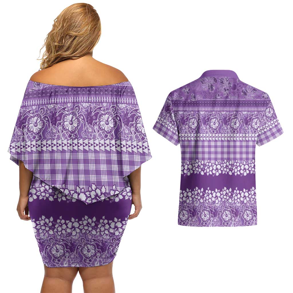 Hawaiian Hibiscus Honu Couples Matching Off Shoulder Short Dress and Hawaiian Shirt Purple Mele Kalikimaka Palaka Spirit LT9 - Polynesian Pride