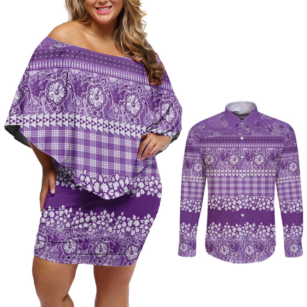 Hawaiian Hibiscus Honu Couples Matching Off Shoulder Short Dress and Long Sleeve Button Shirt Purple Mele Kalikimaka Palaka Spirit LT9 Purple - Polynesian Pride