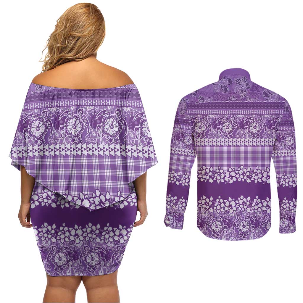 Hawaiian Hibiscus Honu Couples Matching Off Shoulder Short Dress and Long Sleeve Button Shirt Purple Mele Kalikimaka Palaka Spirit LT9 - Polynesian Pride