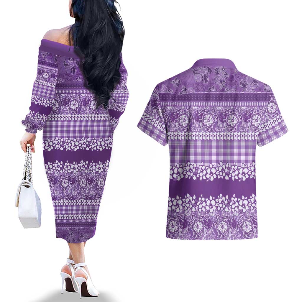 Hawaiian Hibiscus Honu Couples Matching Off The Shoulder Long Sleeve Dress and Hawaiian Shirt Purple Mele Kalikimaka Palaka Spirit LT9 - Polynesian Pride