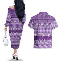 Hawaiian Hibiscus Honu Couples Matching Off The Shoulder Long Sleeve Dress and Hawaiian Shirt Purple Mele Kalikimaka Palaka Spirit LT9 - Polynesian Pride
