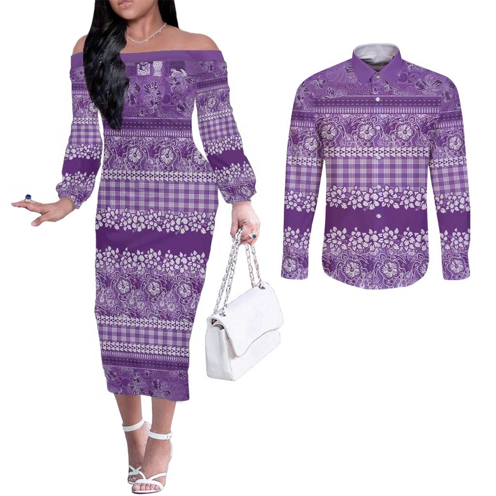 Hawaiian Hibiscus Honu Couples Matching Off The Shoulder Long Sleeve Dress and Long Sleeve Button Shirt Purple Mele Kalikimaka Palaka Spirit LT9 Purple - Polynesian Pride
