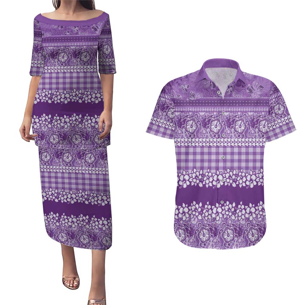 Hawaiian Hibiscus Honu Couples Matching Puletasi and Hawaiian Shirt Purple Mele Kalikimaka Palaka Spirit LT9 Purple - Polynesian Pride