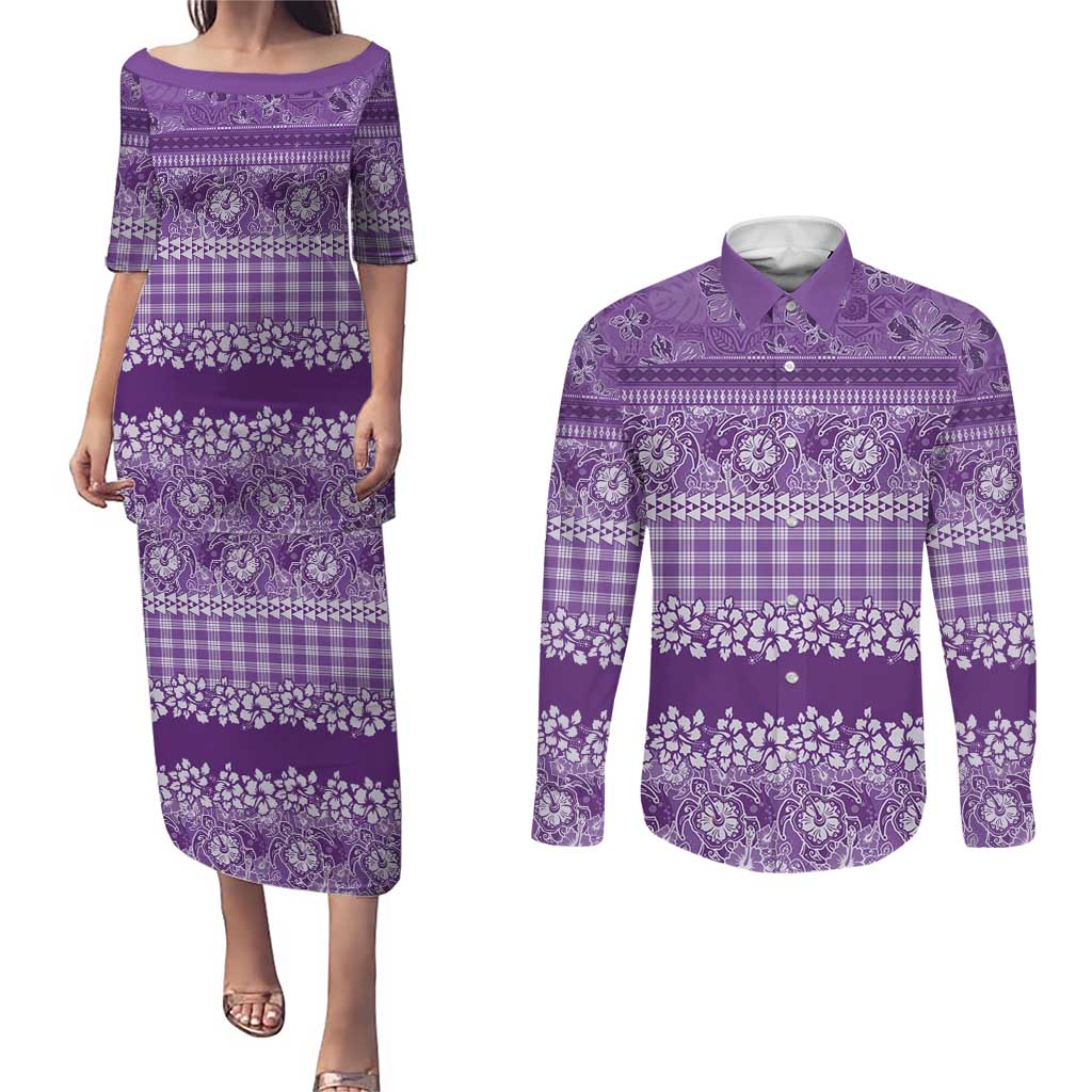 Hawaiian Hibiscus Honu Couples Matching Puletasi and Long Sleeve Button Shirt Purple Mele Kalikimaka Palaka Spirit LT9 Purple - Polynesian Pride