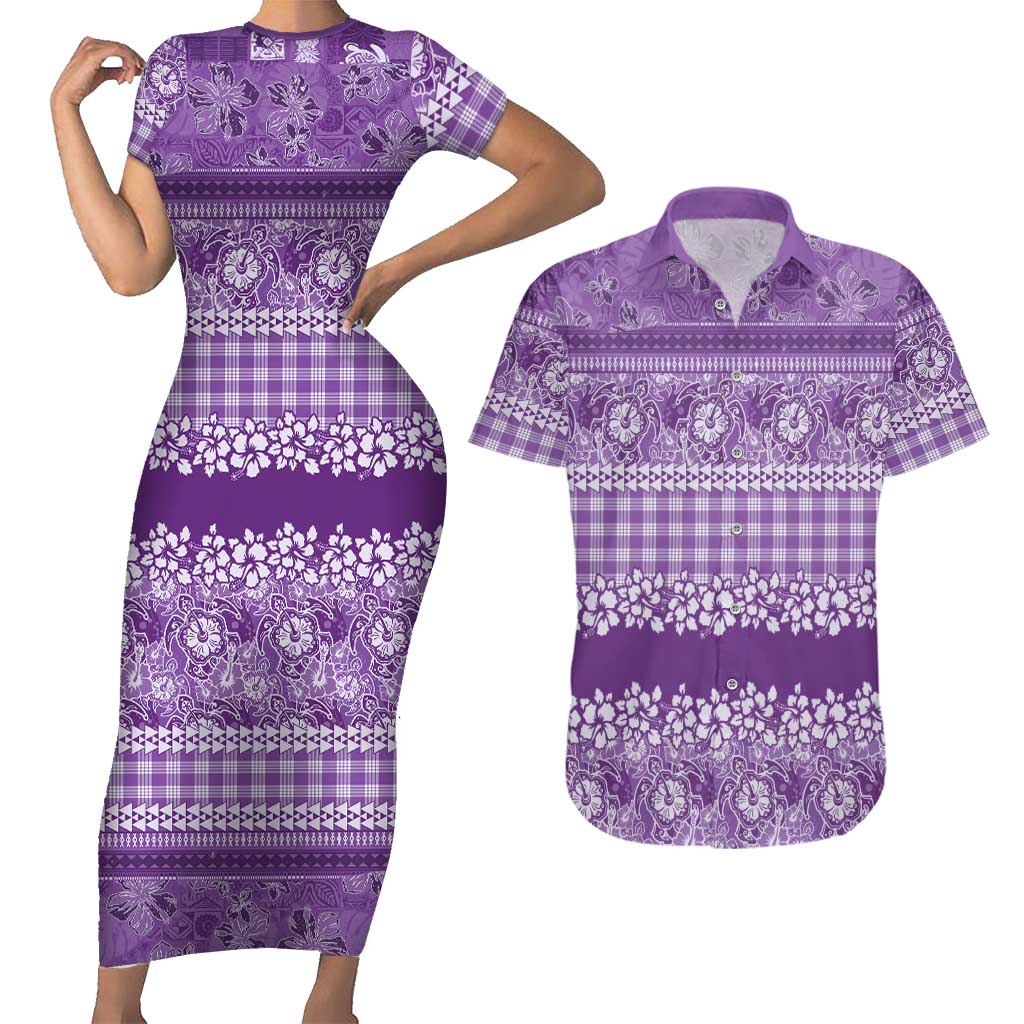 Hawaiian Hibiscus Honu Couples Matching Short Sleeve Bodycon Dress and Hawaiian Shirt Purple Mele Kalikimaka Palaka Spirit LT9 Purple - Polynesian Pride