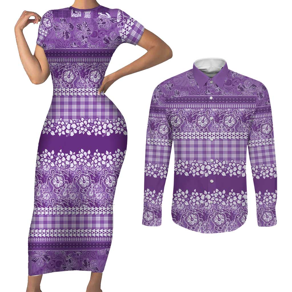 Hawaiian Hibiscus Honu Couples Matching Short Sleeve Bodycon Dress and Long Sleeve Button Shirt Purple Mele Kalikimaka Palaka Spirit LT9 Purple - Polynesian Pride