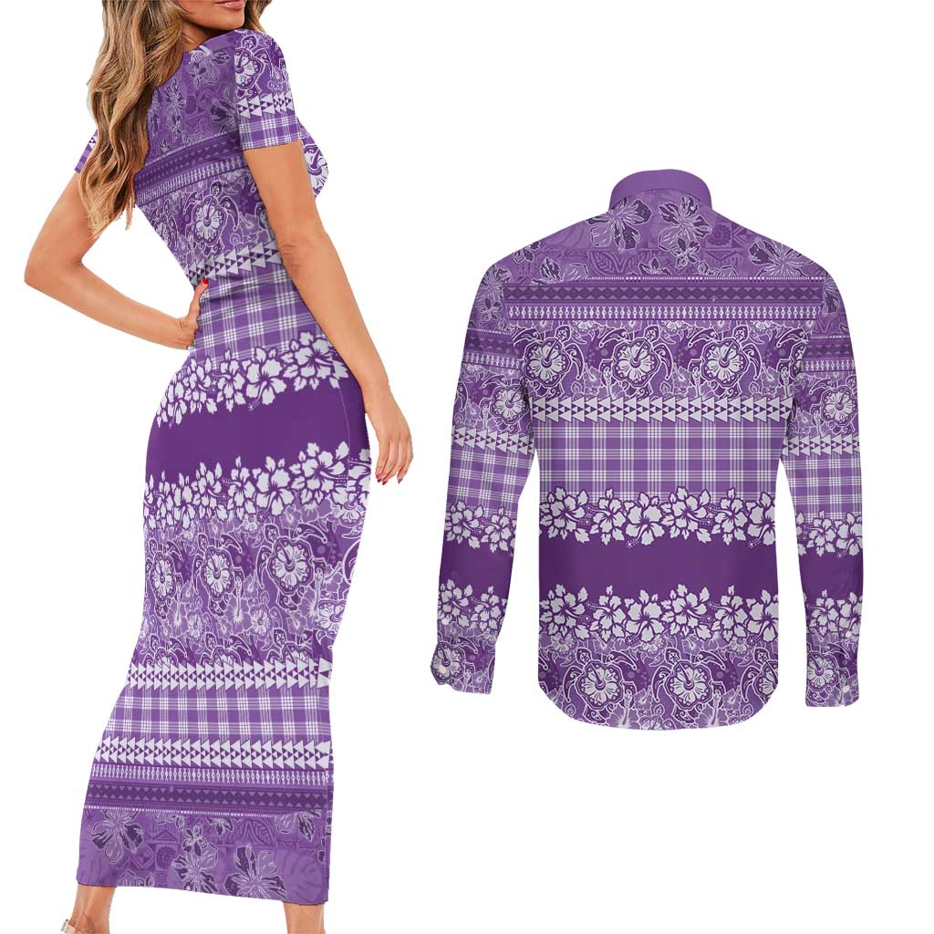 Hawaiian Hibiscus Honu Couples Matching Short Sleeve Bodycon Dress and Long Sleeve Button Shirt Purple Mele Kalikimaka Palaka Spirit LT9 - Polynesian Pride