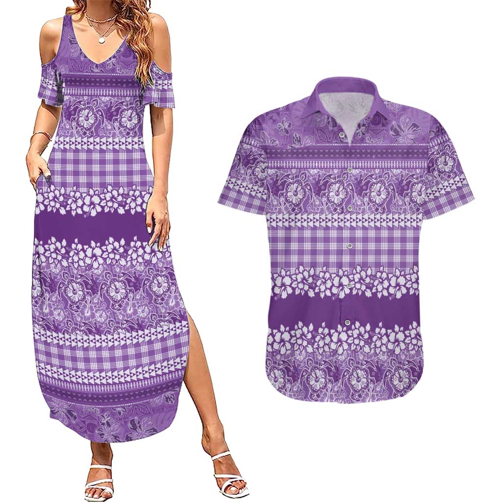 Hawaiian Hibiscus Honu Couples Matching Summer Maxi Dress and Hawaiian Shirt Purple Mele Kalikimaka Palaka Spirit LT9 Purple - Polynesian Pride