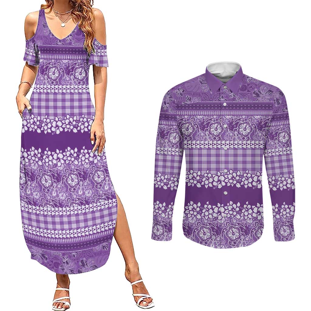 Hawaiian Hibiscus Honu Couples Matching Summer Maxi Dress and Long Sleeve Button Shirt Purple Mele Kalikimaka Palaka Spirit LT9 Purple - Polynesian Pride