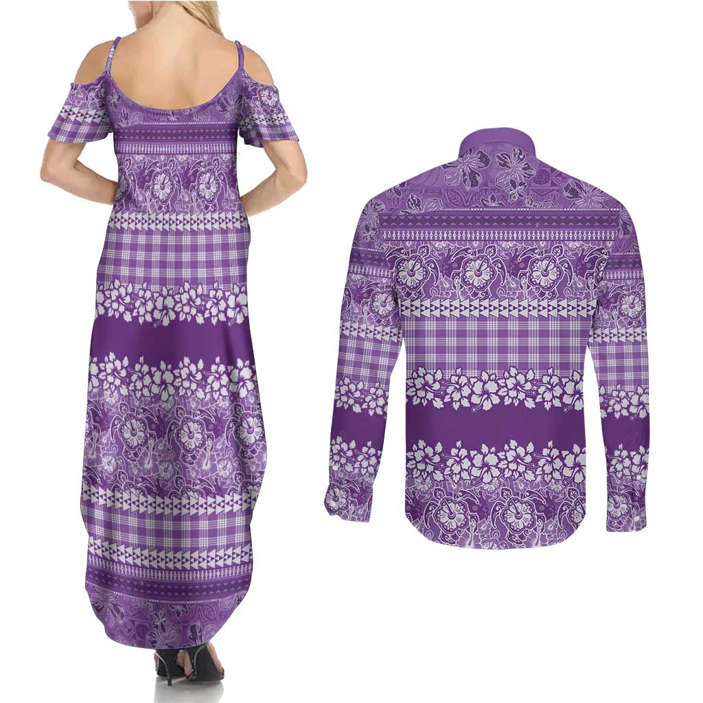 Hawaiian Hibiscus Honu Couples Matching Summer Maxi Dress and Long Sleeve Button Shirt Purple Mele Kalikimaka Palaka Spirit LT9 - Polynesian Pride