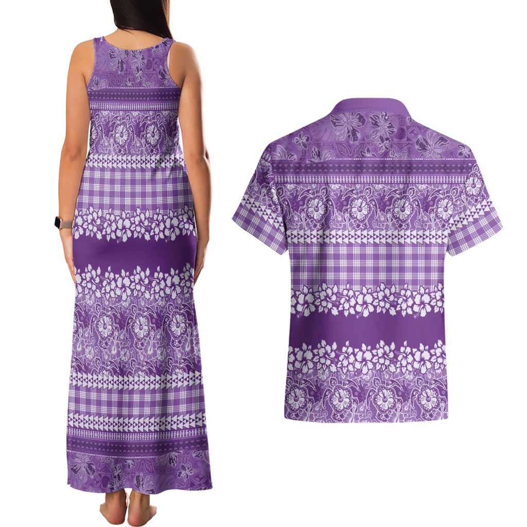 Hawaiian Hibiscus Honu Couples Matching Tank Maxi Dress and Hawaiian Shirt Purple Mele Kalikimaka Palaka Spirit LT9 - Polynesian Pride