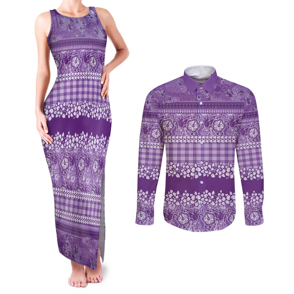 Hawaiian Hibiscus Honu Couples Matching Tank Maxi Dress and Long Sleeve Button Shirt Purple Mele Kalikimaka Palaka Spirit LT9 Purple - Polynesian Pride
