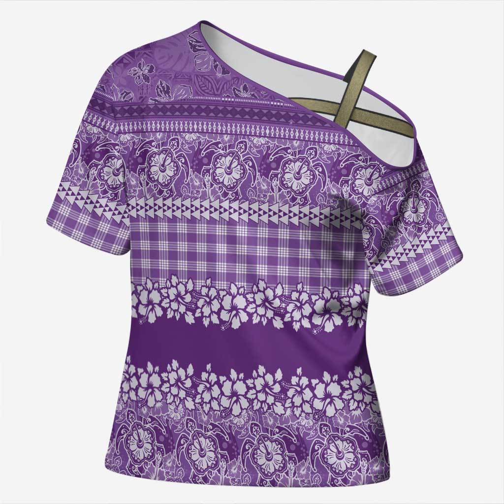 Hawaiian Hibiscus Honu Cross Shoulder Shirt Purple Mele Kalikimaka Palaka Spirit LT9 Female Purple - Polynesian Pride