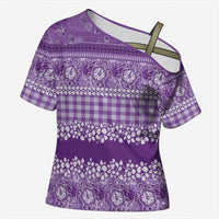 Hawaiian Hibiscus Honu Cross Shoulder Shirt Purple Mele Kalikimaka Palaka Spirit LT9 Female Purple - Polynesian Pride