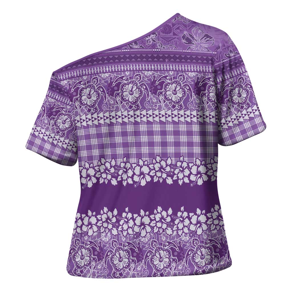 Hawaiian Hibiscus Honu Cross Shoulder Shirt Purple Mele Kalikimaka Palaka Spirit LT9 - Polynesian Pride
