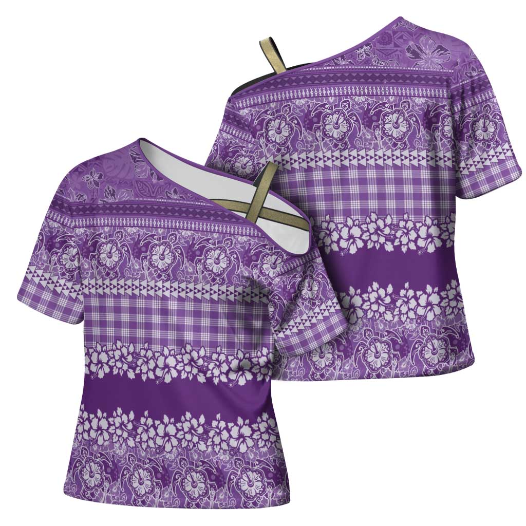 Hawaiian Hibiscus Honu Cross Shoulder Shirt Purple Mele Kalikimaka Palaka Spirit LT9 - Polynesian Pride
