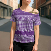 Hawaiian Hibiscus Honu Cross Shoulder Shirt Purple Mele Kalikimaka Palaka Spirit LT9 - Polynesian Pride