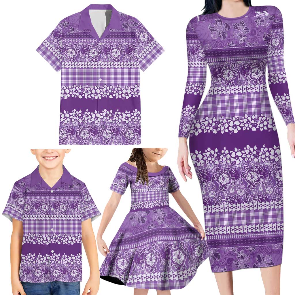 Hawaiian Hibiscus Honu Family Matching Long Sleeve Bodycon Dress and Hawaiian Shirt Purple Mele Kalikimaka Palaka Spirit LT9 - Polynesian Pride