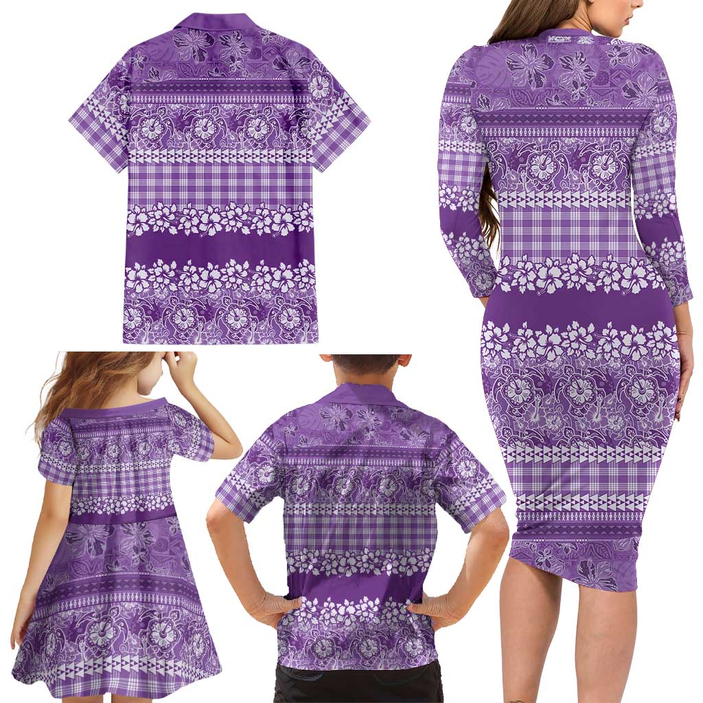 Hawaiian Hibiscus Honu Family Matching Long Sleeve Bodycon Dress and Hawaiian Shirt Purple Mele Kalikimaka Palaka Spirit LT9 - Polynesian Pride