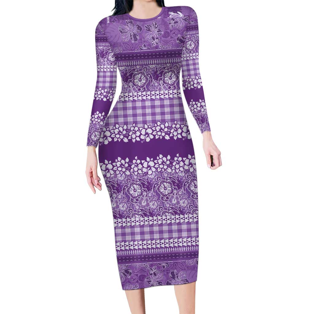 Hawaiian Hibiscus Honu Family Matching Long Sleeve Bodycon Dress and Hawaiian Shirt Purple Mele Kalikimaka Palaka Spirit LT9 Purple - Polynesian Pride