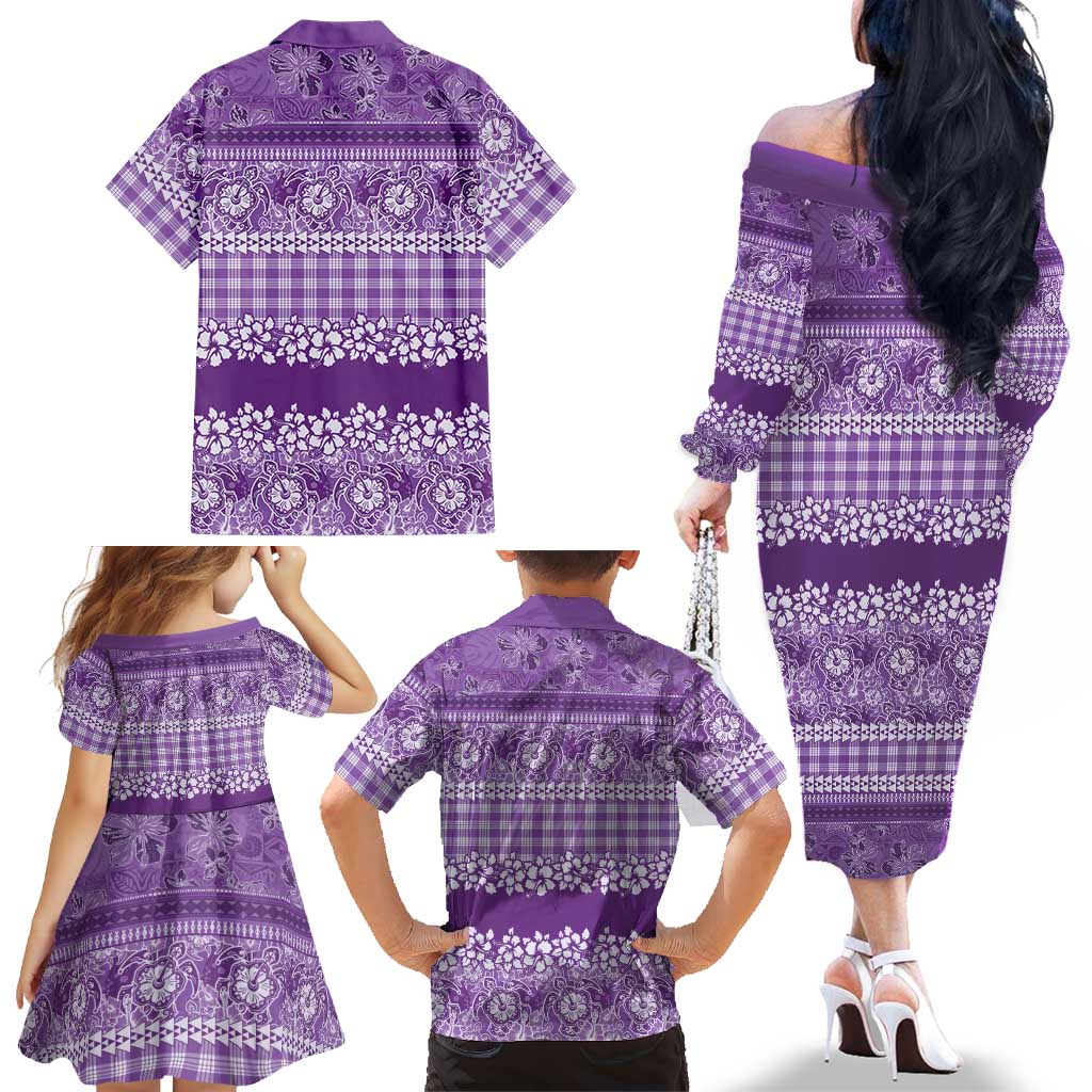 Hawaiian Hibiscus Honu Family Matching Off The Shoulder Long Sleeve Dress and Hawaiian Shirt Purple Mele Kalikimaka Palaka Spirit LT9 - Polynesian Pride