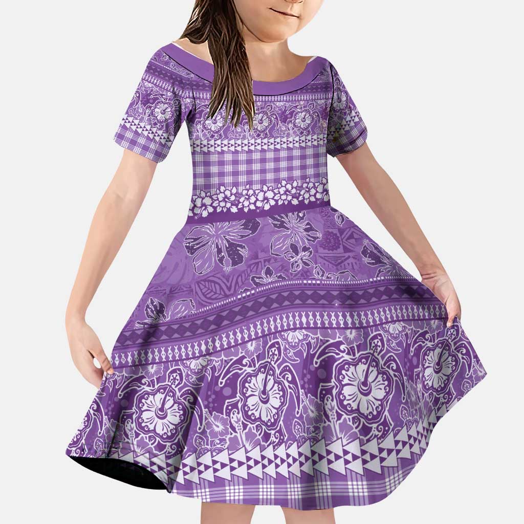 Hawaiian Hibiscus Honu Family Matching Off Shoulder Maxi Dress and Hawaiian Shirt Purple Mele Kalikimaka Palaka Spirit LT9 Daughter's Dress Purple - Polynesian Pride