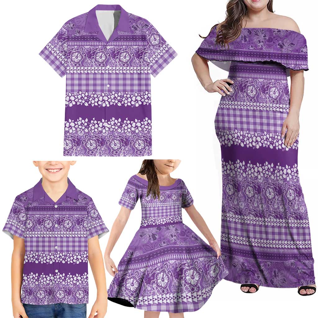 Hawaiian Hibiscus Honu Family Matching Off Shoulder Maxi Dress and Hawaiian Shirt Purple Mele Kalikimaka Palaka Spirit LT9 - Polynesian Pride