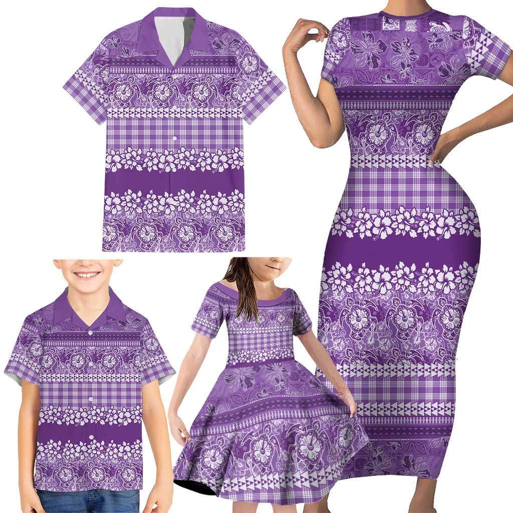 Hawaiian Hibiscus Honu Family Matching Short Sleeve Bodycon Dress and Hawaiian Shirt Purple Mele Kalikimaka Palaka Spirit LT9 - Polynesian Pride