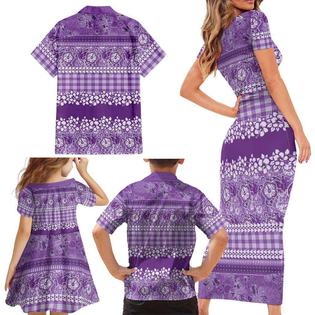Hawaiian Hibiscus Honu Family Matching Short Sleeve Bodycon Dress and Hawaiian Shirt Purple Mele Kalikimaka Palaka Spirit LT9 - Polynesian Pride