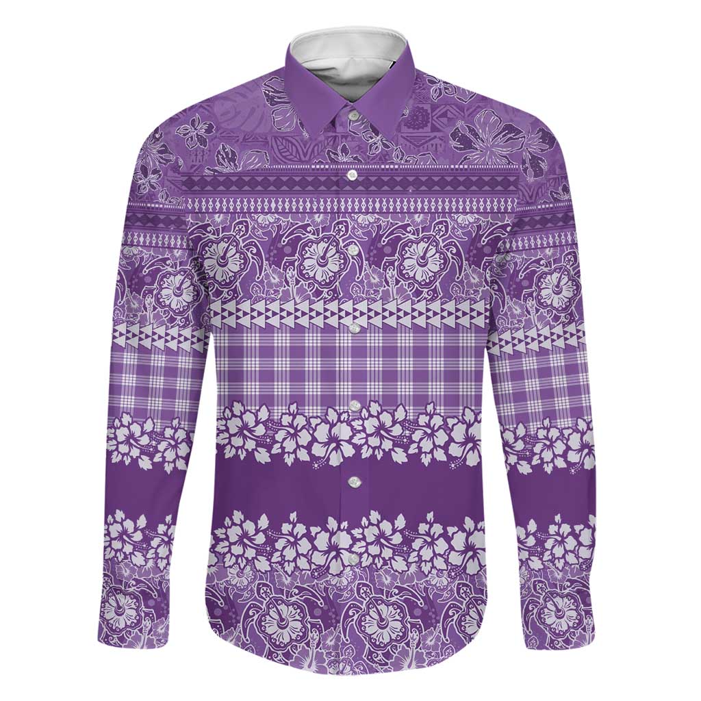 Hawaiian Hibiscus Honu Family Matching Short Sleeve Bodycon Dress and Hawaiian Shirt Purple Mele Kalikimaka Palaka Spirit LT9 Dad's Shirt - Long Sleeve Purple - Polynesian Pride