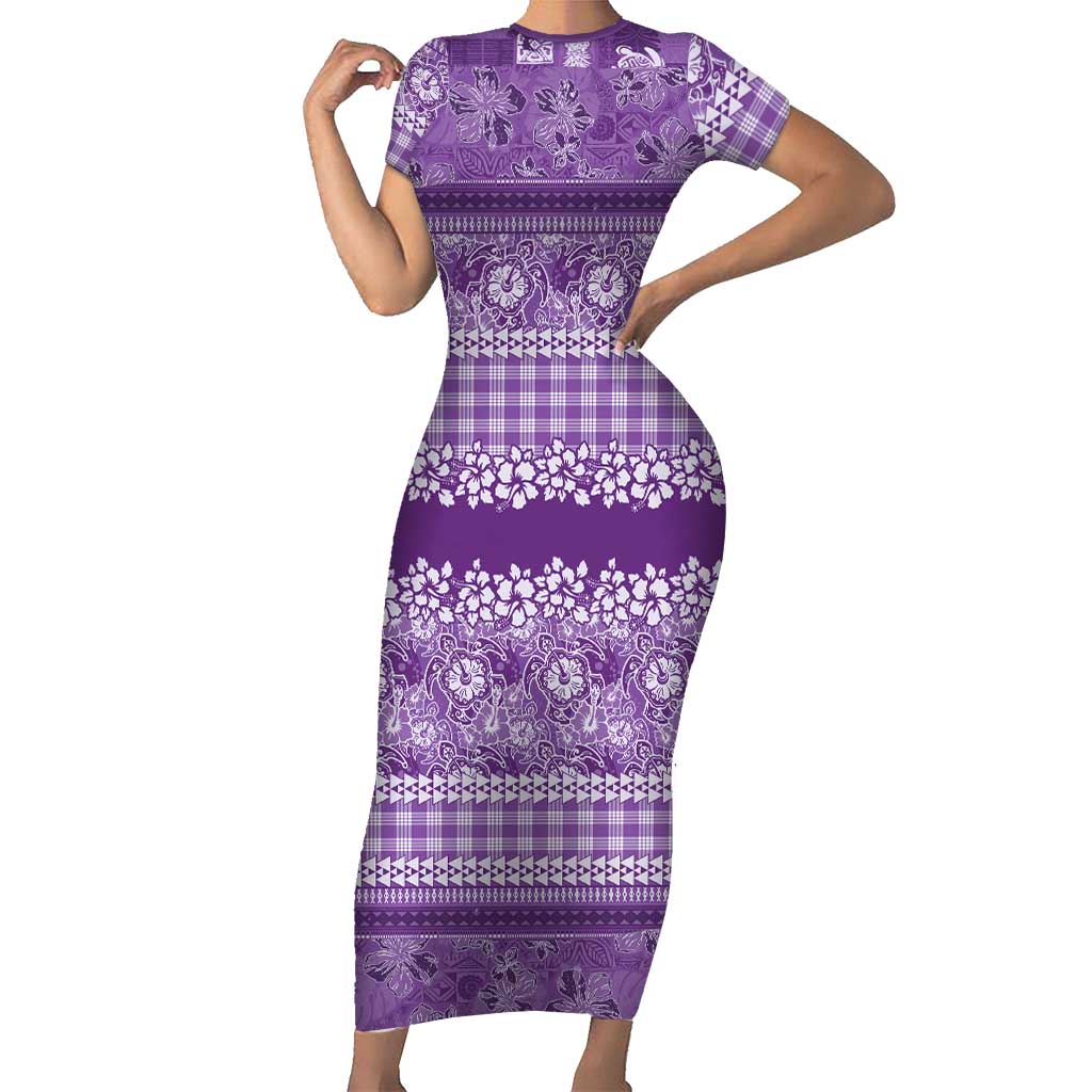Hawaiian Hibiscus Honu Family Matching Short Sleeve Bodycon Dress and Hawaiian Shirt Purple Mele Kalikimaka Palaka Spirit LT9 Purple - Polynesian Pride
