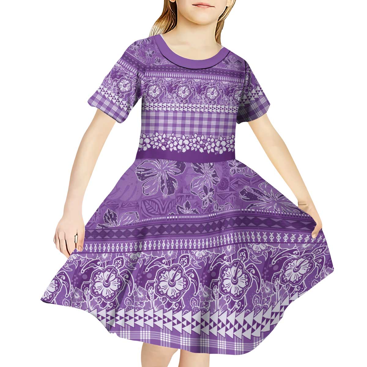 Hawaiian Hibiscus Honu Kid Short Sleeve Dress Purple Mele Kalikimaka Palaka Spirit LT9 - Polynesian Pride