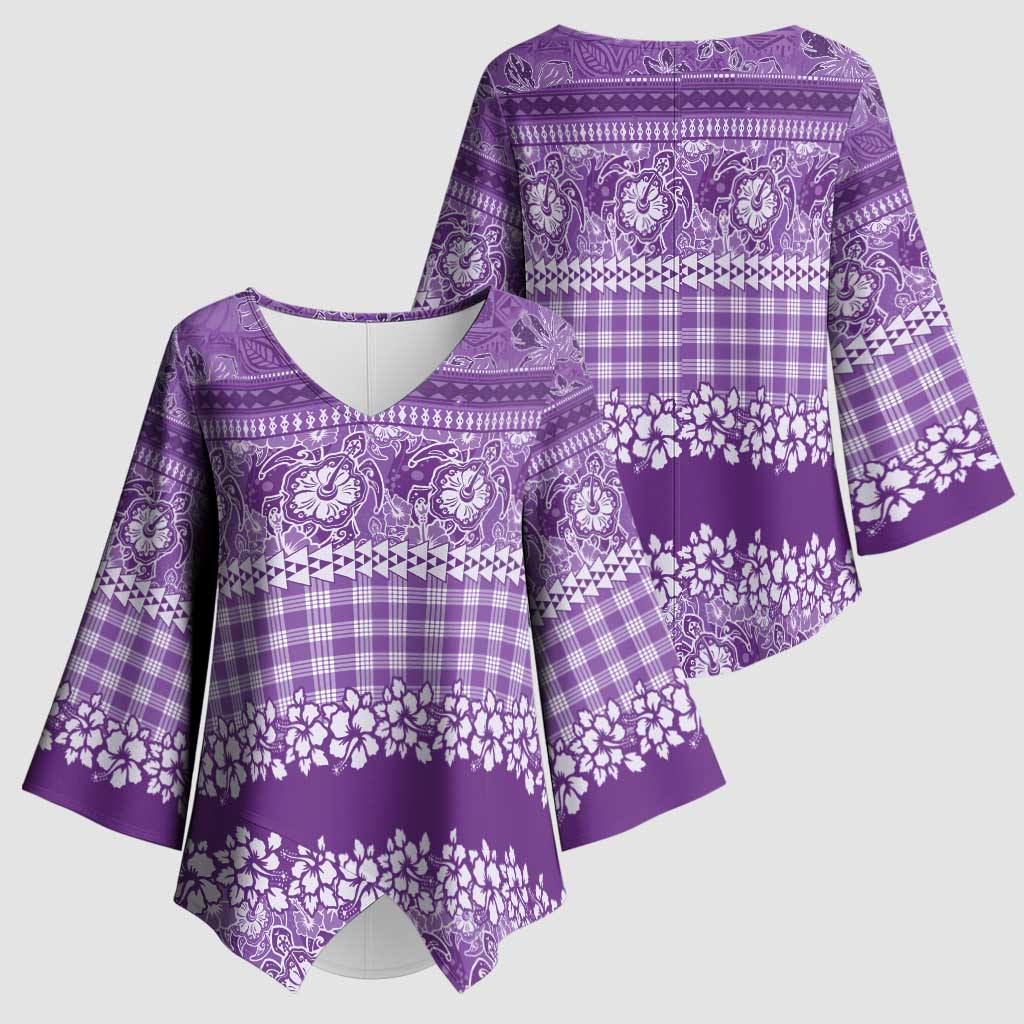Hawaiian Hibiscus Honu Kimono Sleeve Blouse Purple Mele Kalikimaka Palaka Spirit LT9 - Polynesian Pride