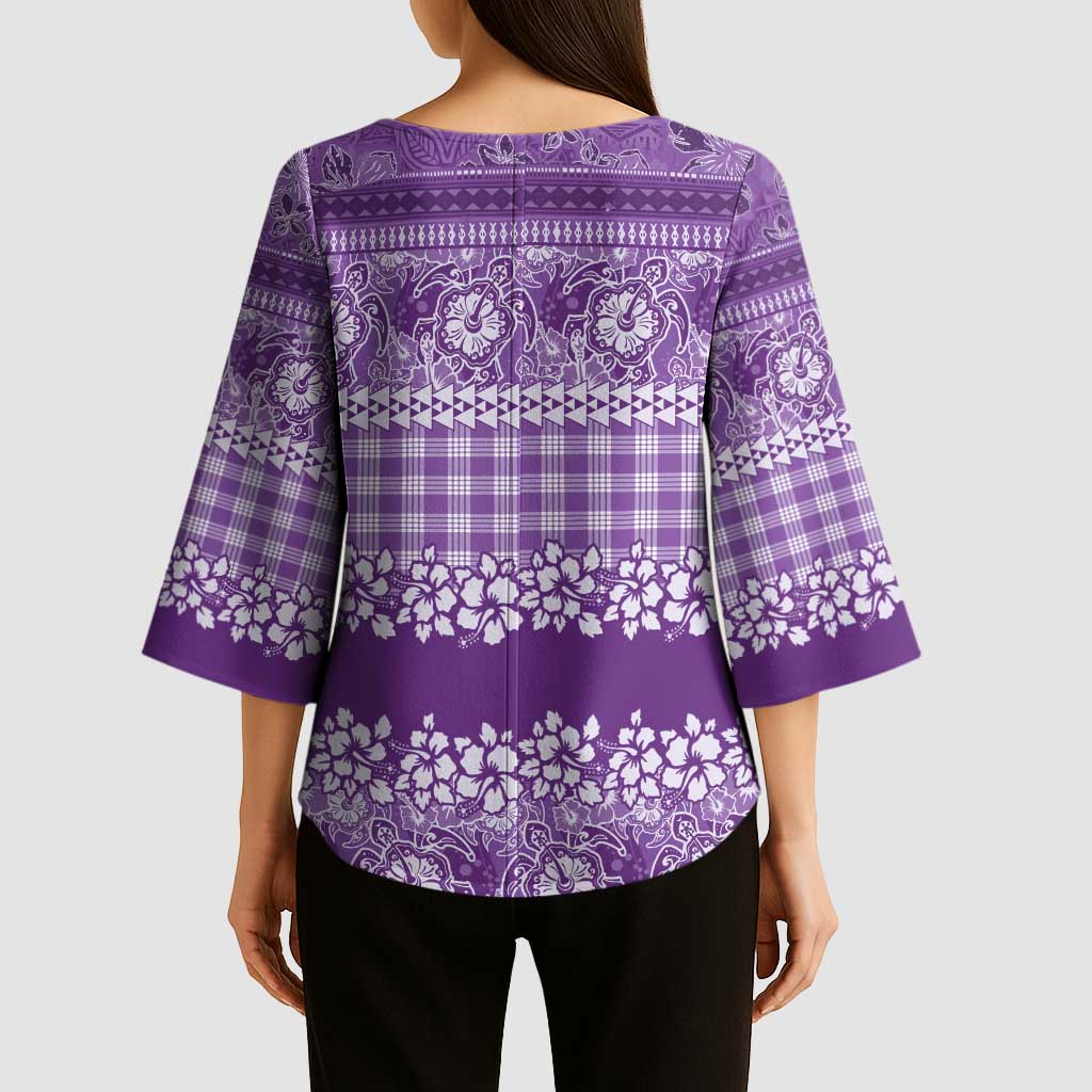 Hawaiian Hibiscus Honu Kimono Sleeve Blouse Purple Mele Kalikimaka Palaka Spirit LT9 - Polynesian Pride