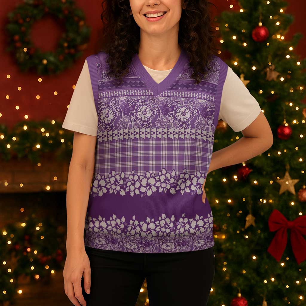 Hawaiian Hibiscus Honu Christmas Knitted V-Neck Vest Purple Mele Kalikimaka Palaka Spirit LT9 - Polynesian Pride