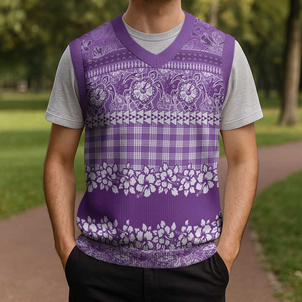 Hawaiian Hibiscus Honu Christmas Knitted V-Neck Vest Purple Mele Kalikimaka Palaka Spirit LT9 - Polynesian Pride