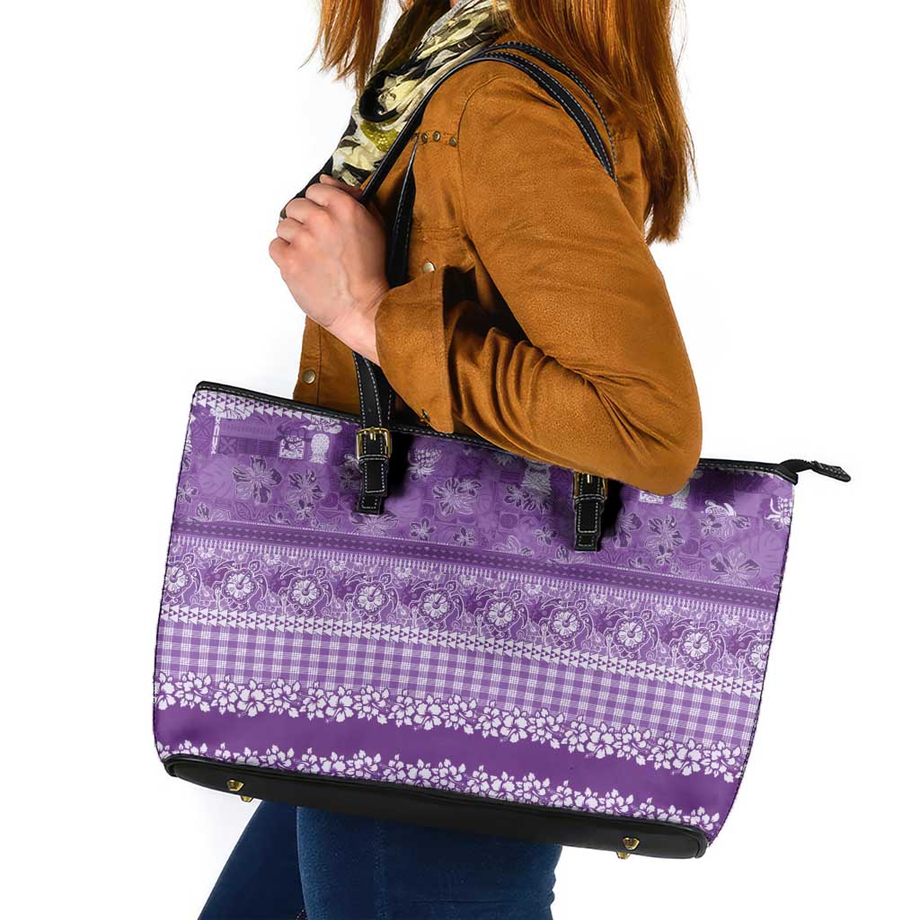 Hawaiian Hibiscus Honu Leather Tote Bag Purple Mele Kalikimaka Palaka Spirit LT9 Purple - Polynesian Pride