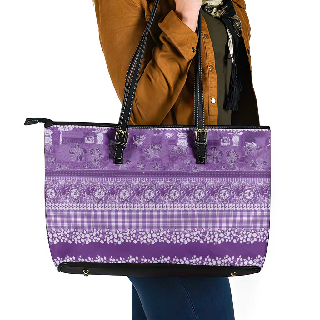 Hawaiian Hibiscus Honu Leather Tote Bag Purple Mele Kalikimaka Palaka Spirit LT9 - Polynesian Pride