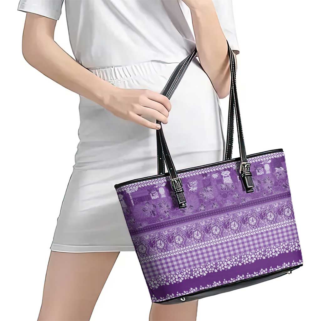 Hawaiian Hibiscus Honu Leather Tote Bag Purple Mele Kalikimaka Palaka Spirit LT9 - Polynesian Pride