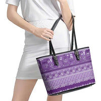 Hawaiian Hibiscus Honu Leather Tote Bag Purple Mele Kalikimaka Palaka Spirit LT9 - Polynesian Pride