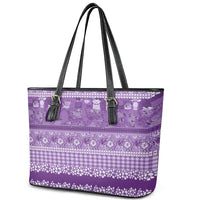 Hawaiian Hibiscus Honu Leather Tote Bag Purple Mele Kalikimaka Palaka Spirit LT9 - Polynesian Pride