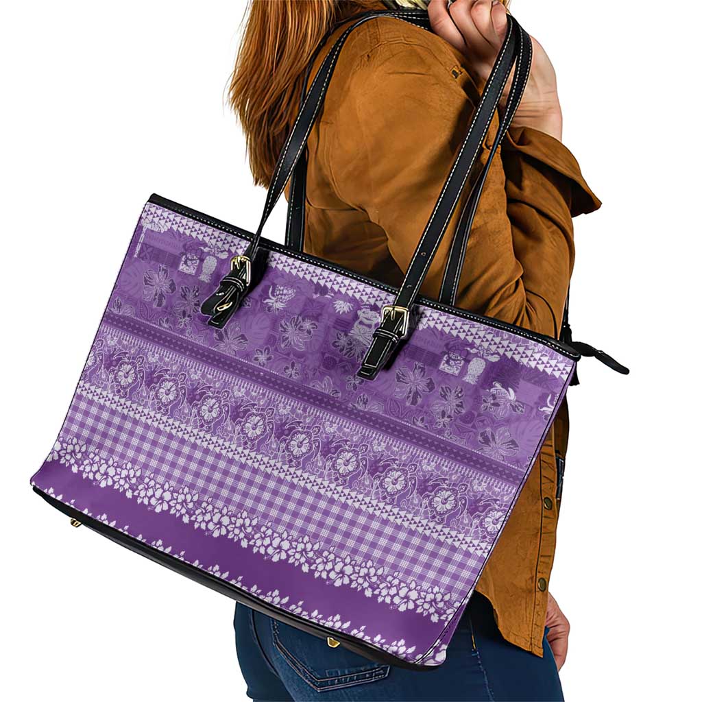 Hawaiian Hibiscus Honu Leather Tote Bag Purple Mele Kalikimaka Palaka Spirit LT9 - Polynesian Pride