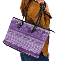 Hawaiian Hibiscus Honu Leather Tote Bag Purple Mele Kalikimaka Palaka Spirit LT9 - Polynesian Pride