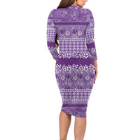 Hawaiian Hibiscus Honu Long Sleeve Bodycon Dress Purple Mele Kalikimaka Palaka Spirit LT9 - Polynesian Pride