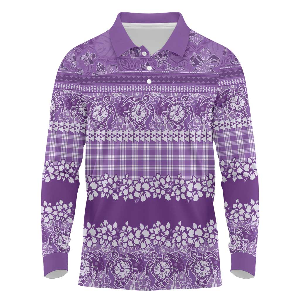 Hawaiian Hibiscus Honu Long Sleeve Polo Shirt Purple Mele Kalikimaka Palaka Spirit LT9 Purple - Polynesian Pride