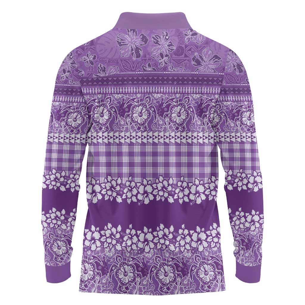 Hawaiian Hibiscus Honu Long Sleeve Polo Shirt Purple Mele Kalikimaka Palaka Spirit LT9 - Polynesian Pride