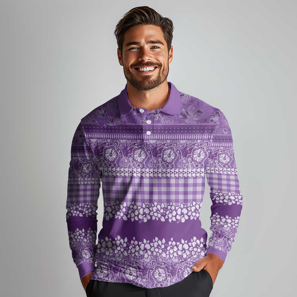 Hawaiian Hibiscus Honu Long Sleeve Polo Shirt Purple Mele Kalikimaka Palaka Spirit LT9 - Polynesian Pride