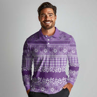 Hawaiian Hibiscus Honu Long Sleeve Polo Shirt Purple Mele Kalikimaka Palaka Spirit LT9 - Polynesian Pride