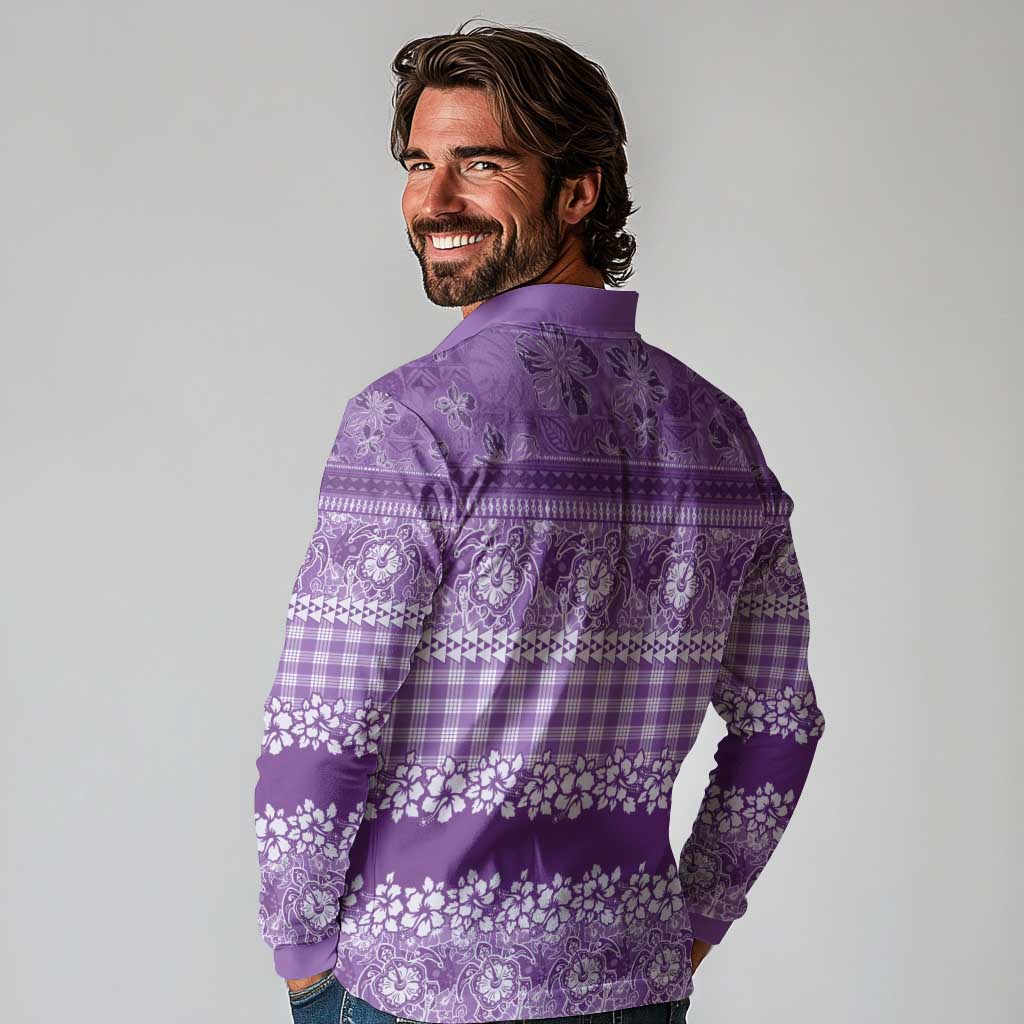 Hawaiian Hibiscus Honu Long Sleeve Polo Shirt Purple Mele Kalikimaka Palaka Spirit LT9 - Polynesian Pride